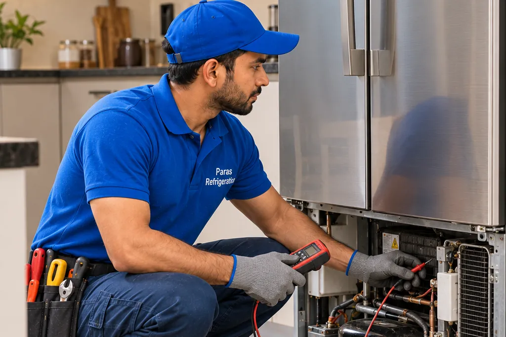 Paras Refrigeration technician testing a refrigerator's compressor wiring with a multimeter